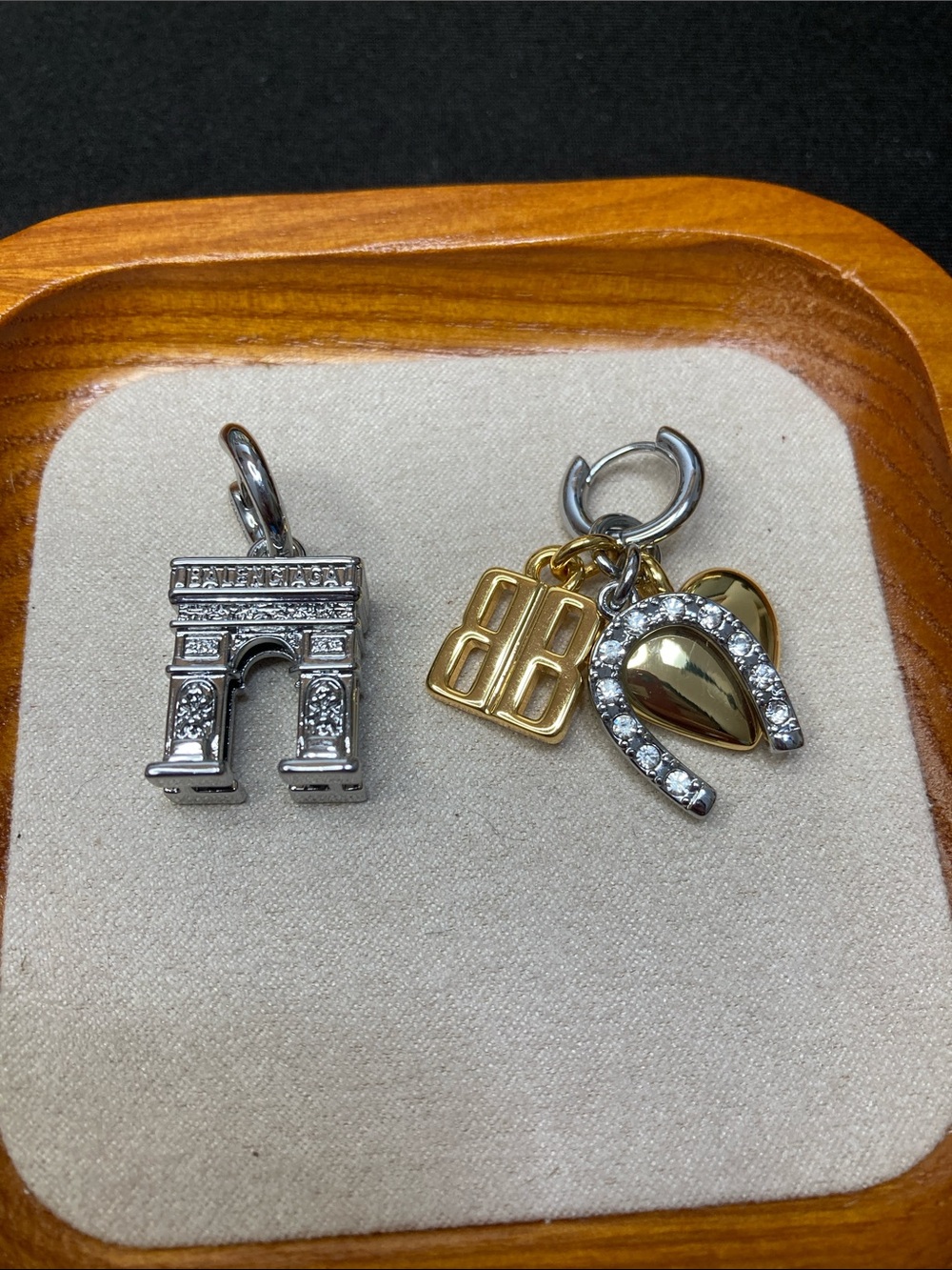 Balenciaga Two-Tone Charm Earring Set with Crystal Horseshoe and Arc Pendant
